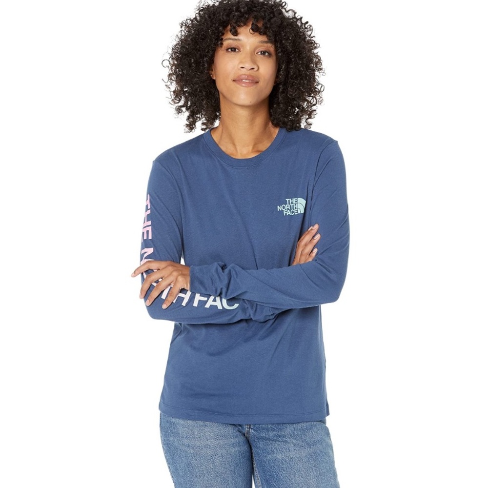 The North Face Women's Long Sleeve Tee in Blue with Pink Sleeve Logo